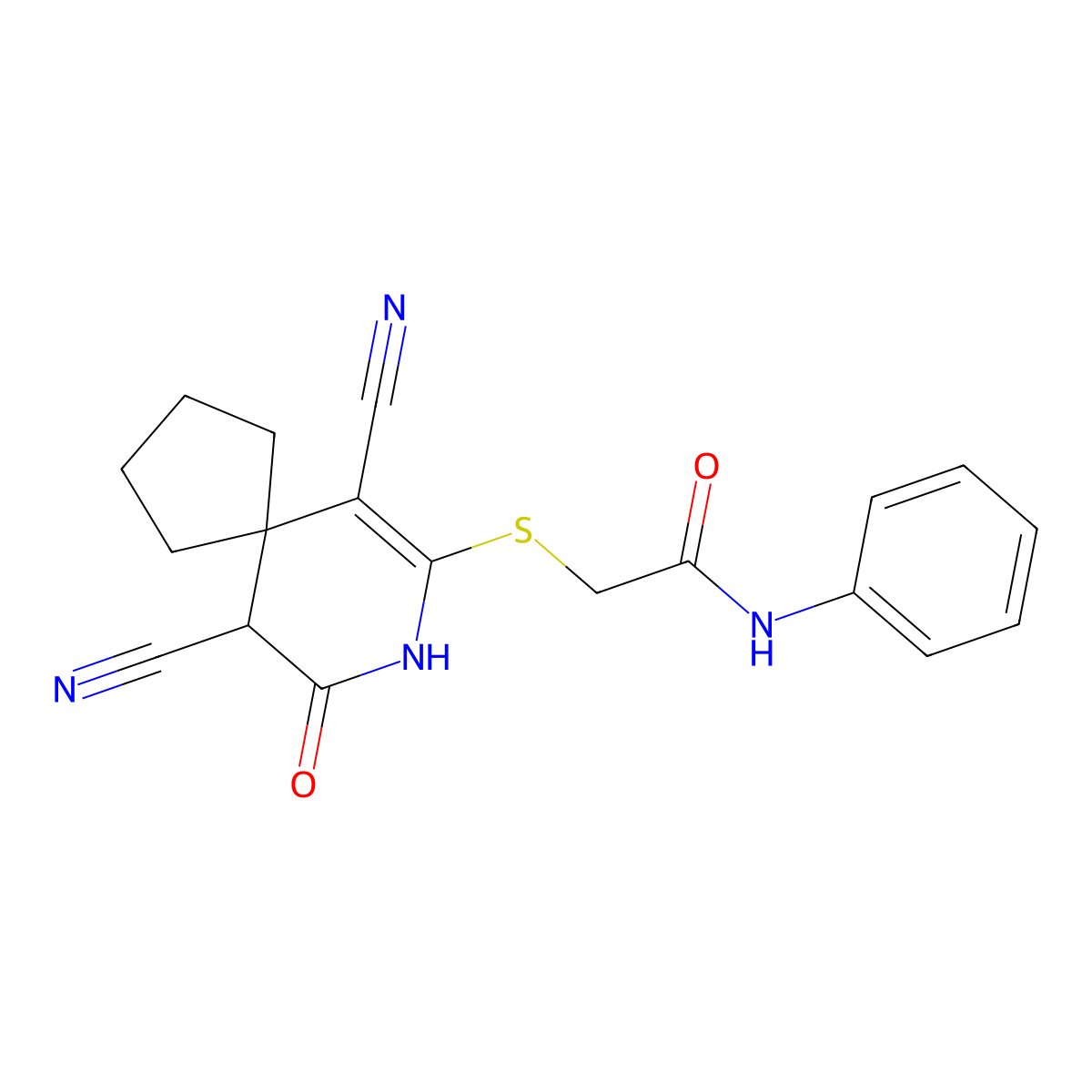 2-[(6,10-dicyano-7-oxo-8-azaspiro[4.5]dec-9-en-9-yl)sulfanyl]-N-phenylacetamide molecular structure, CAS 214119-92-3