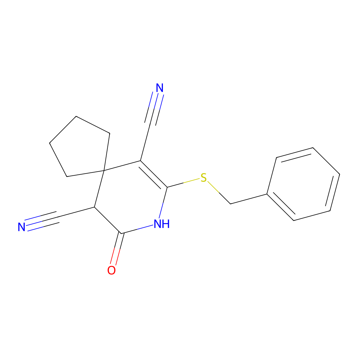 7-Benzylsulfanyl-9-oxo-8-aza-spiro[4.5]dec-6-ene-6,10-dicarbonitrile molecular structure, CAS 214119-93-4