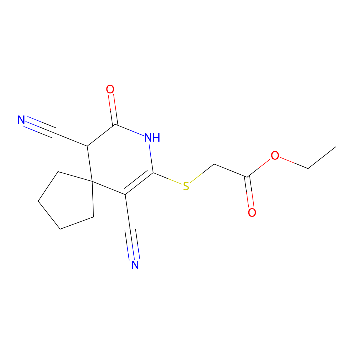 Ethyl [(6,10-dicyano-9-oxo-8-azaspiro[4.5]dec-6-en-7-yl)sulfanyl]acetate molecular structure, CAS 214119-94-5