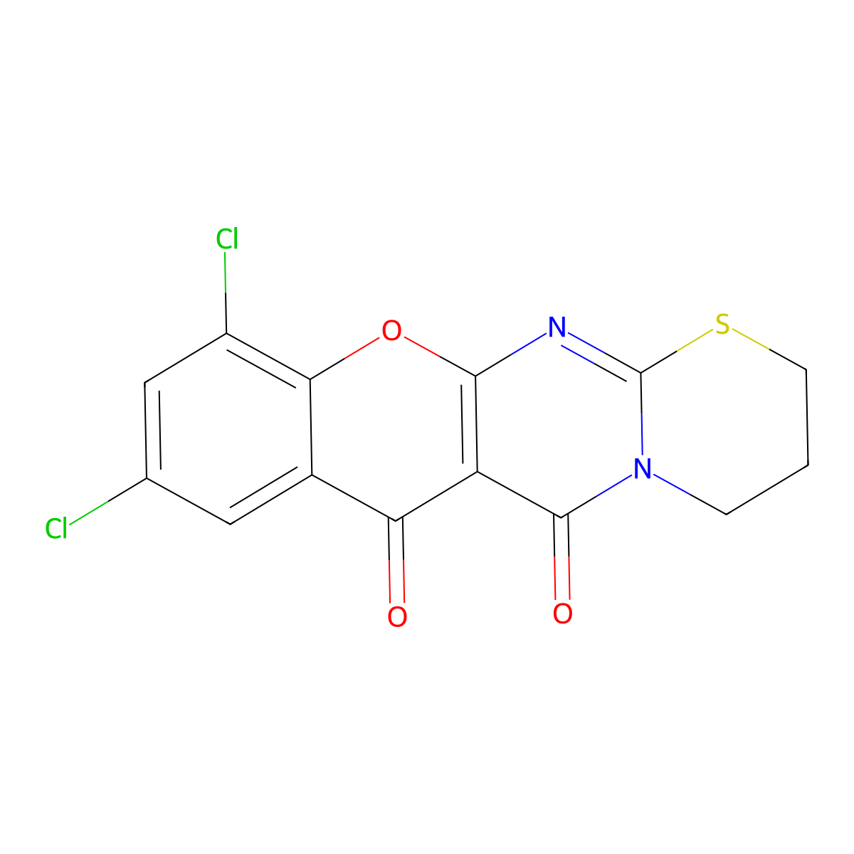 9,11-dichloro-3,4-dihydro-2H,6H,7H-chromeno[2',3':4,5]pyrimido[2,1-b][1,3]thiazine-6,7-dione molecular structure, CAS 214140-89-3