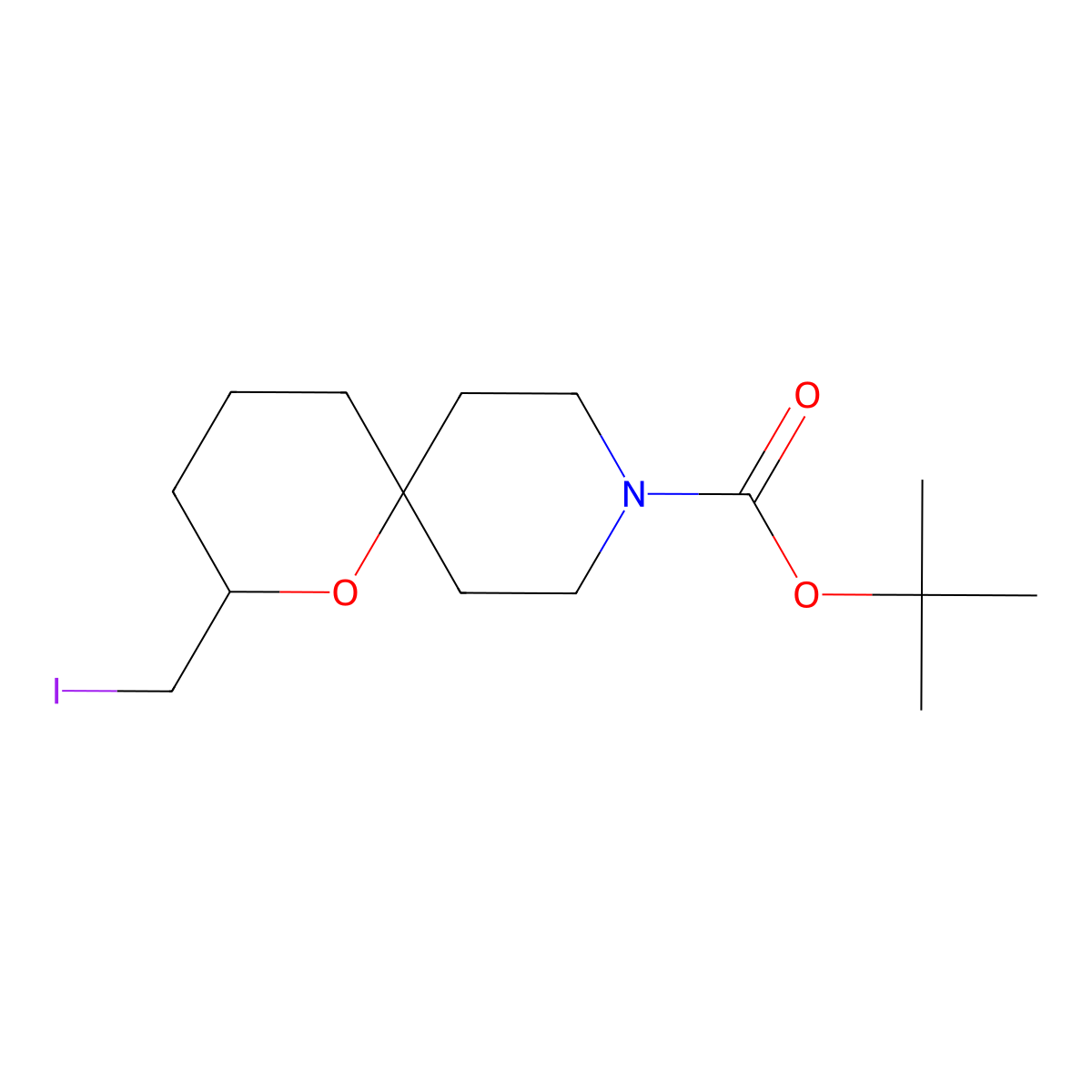 Tert-butyl 2-(iodomethyl)-1-oxa-9-azaspiro[5.5]undecane-9-carboxylate molecular structure, CAS 2141577-06-0