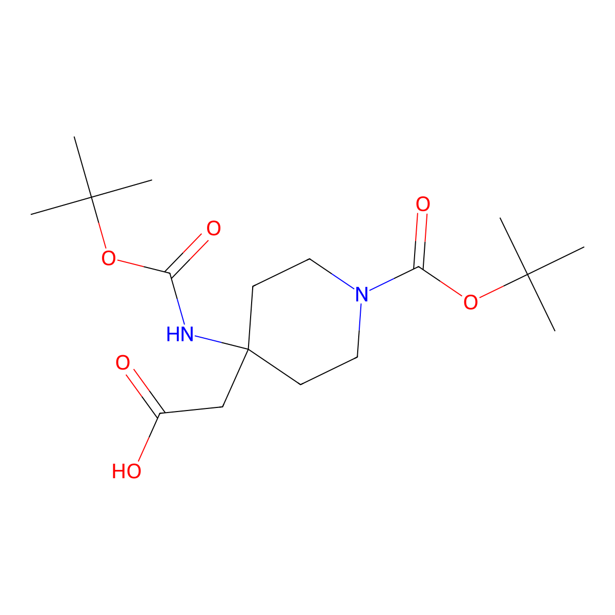 2-{1-[(Tert-butoxy)carbonyl]-4-{[(tert-butoxy)carbonyl]amino}piperidin-4-yl}acetic acid molecular structure, CAS 2141778-15-4
