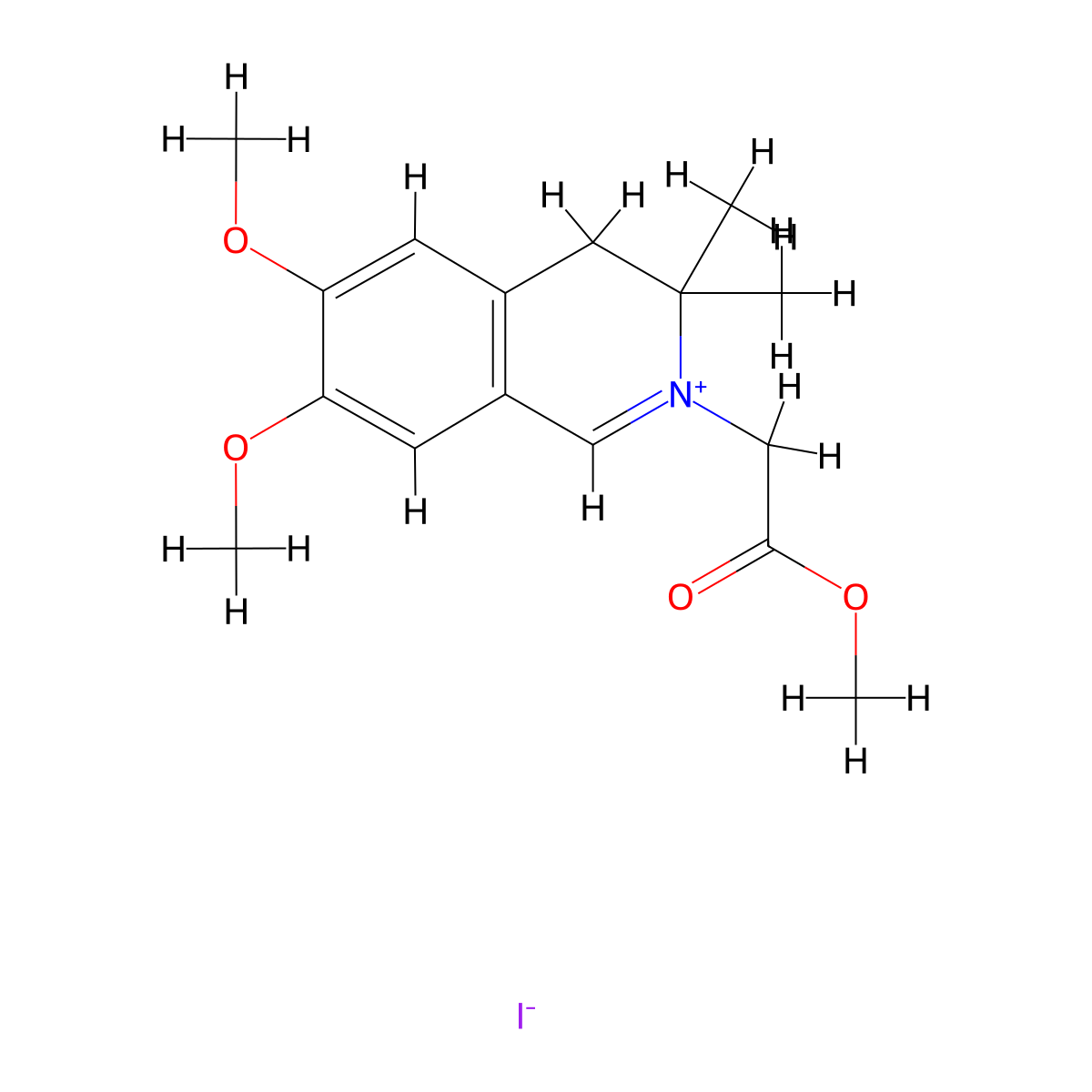 Methyl 2-(6,7-dimethoxy-3,3-dimethyl-2-3,4-dihydroisoquinolyl)acetate, iodide molecular structure, CAS 214196-55-1