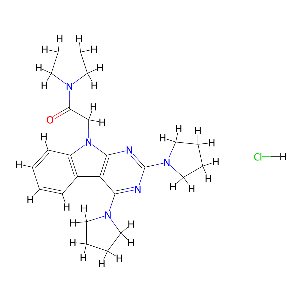 1-((2,4-Di-1-pyrrolidinyl-9H-pyrimido(4,5-b)indol-9-yl)acetyl)pyrrolidine hydrochloride molecular structure, CAS 214212-38-1