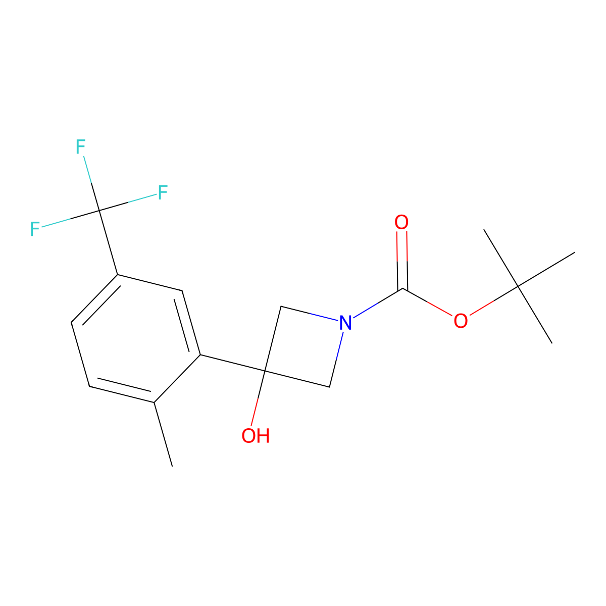 1-Azetidinecarboxylic acid, 3-hydroxy-3-[2-methyl-5-(trifluoromethyl)phenyl]-, 1,1-dimethylethyl ester molecular structure, CAS 2142516-34-3
