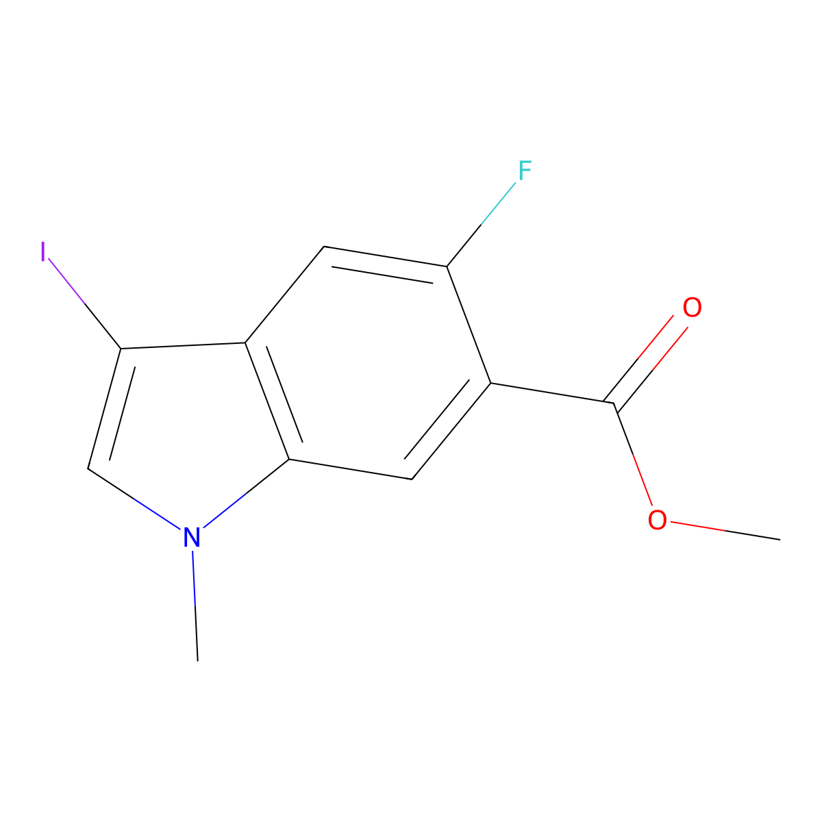 methyl 5-fluoro-3-iodo-1-methyl-1H-indole-6-carboxylate molecular structure, CAS 2142608-96-4