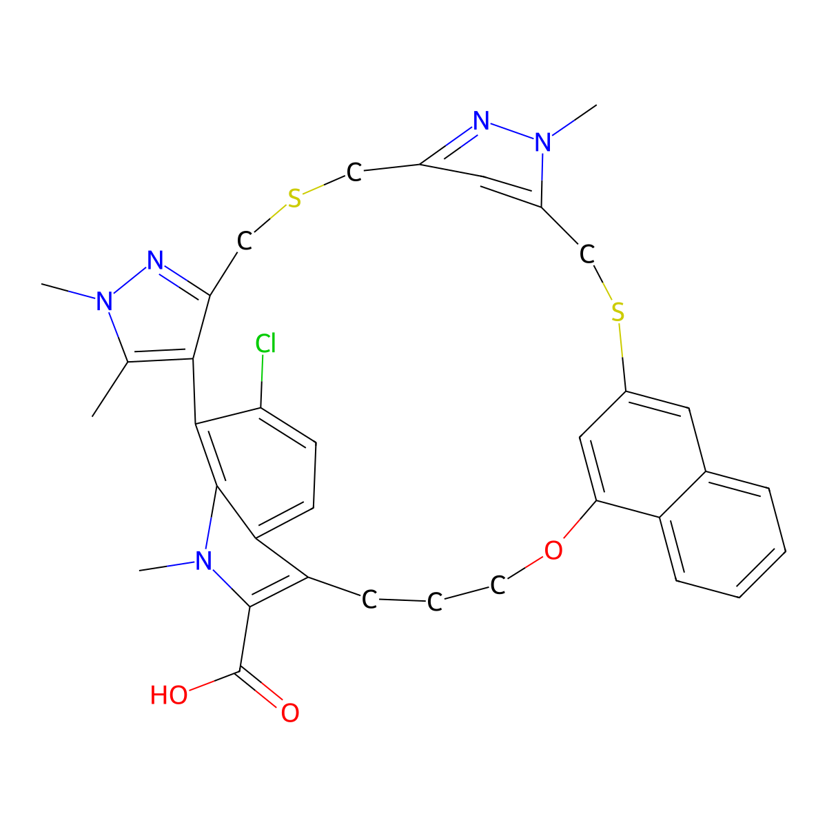 17-Chloro-5,13,14,22-tetramethyl-28-oxa-2,9-dithia-5,6,12,13,22-pentaazaheptacyclo(27.7.1.14,7.011,15.016,21.020,24.030,35)octatriaconta-1(36),4(38),6,11,14,16,18,20,23,29(37),30(35),31,33-tridecaene-23-carboxylic acid molecular structure, CAS 2143010-83-5