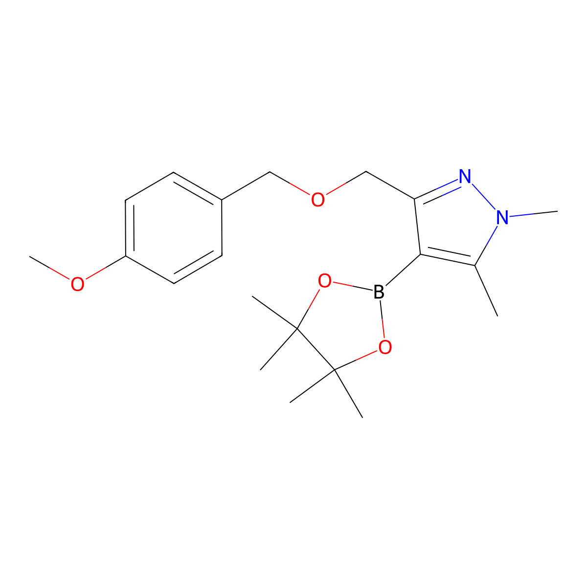 3-(((4-Methoxybenzyl)oxy)methyl)-1,5-dimethyl-4-(4,4,5,5-tetramethyl-1,3,2-dioxaborolan-2-yl)-1H-pyrazole molecular structure, CAS 2143010-90-4