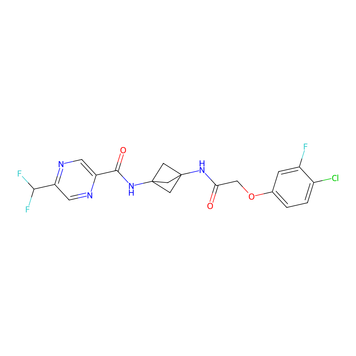 N-(3-(2-(4-Chloro-3-fluorophenoxy)acetamido)bicyclo[1.1.1]pentan-1-yl)-5-(difluoromethyl)pyrazine-2-carboxamide molecular structure, CAS 2143542-28-1