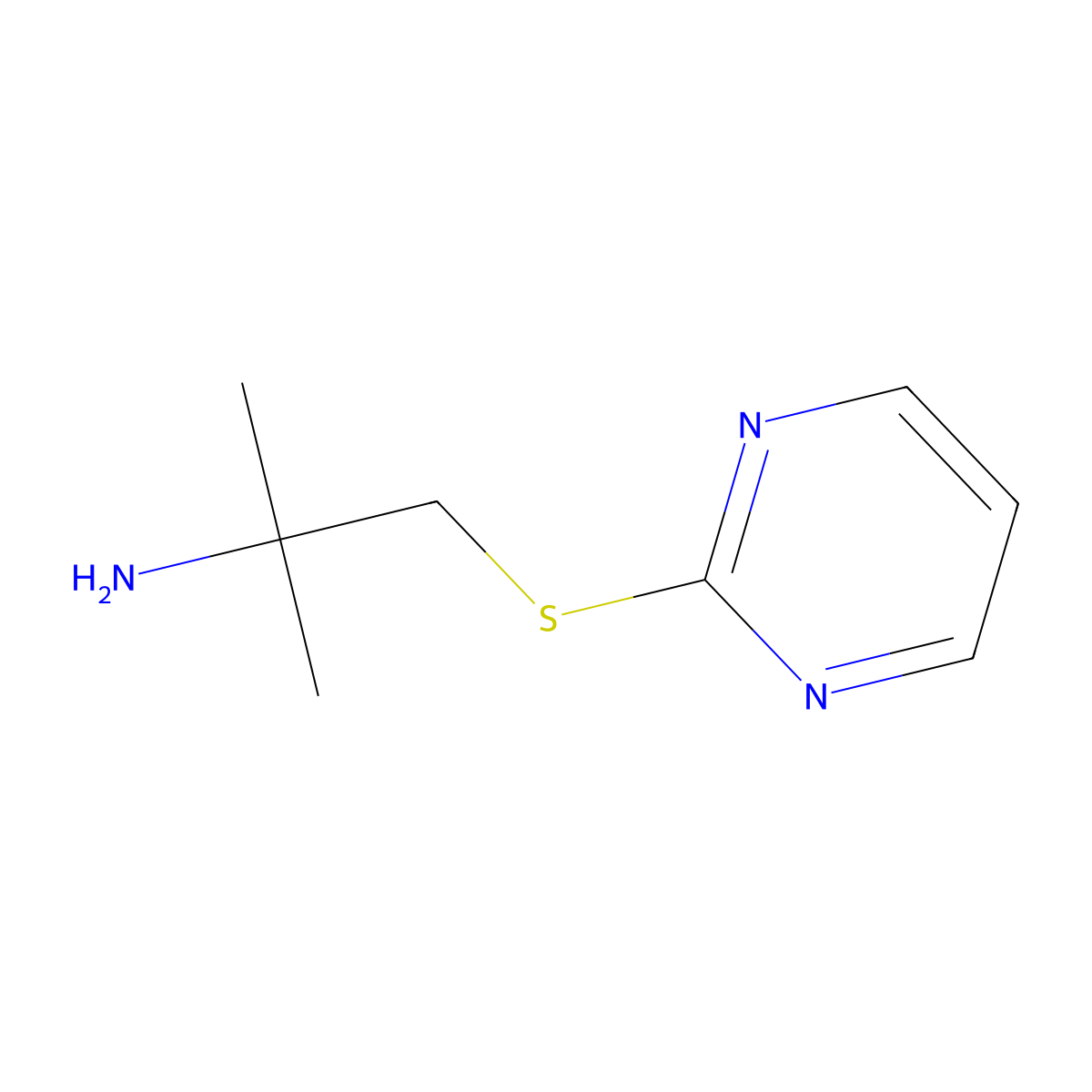 2-Methyl-1-(pyrimidin-2-ylsulfanyl)propan-2-amine molecular structure, CAS 2144374-46-7