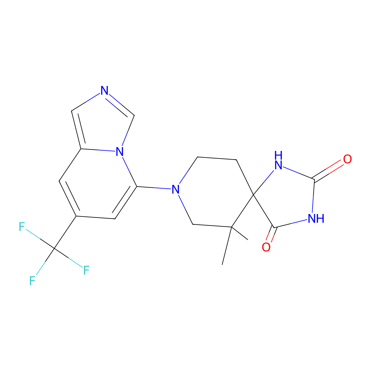 6,6-Dimethyl-8-[7-(trifluoromethyl)imidazo[1,5-a]pyridin-5-yl]-1,3,8-triazaspiro[4.5]decane-2,4-dione molecular structure, CAS 2144425-14-7