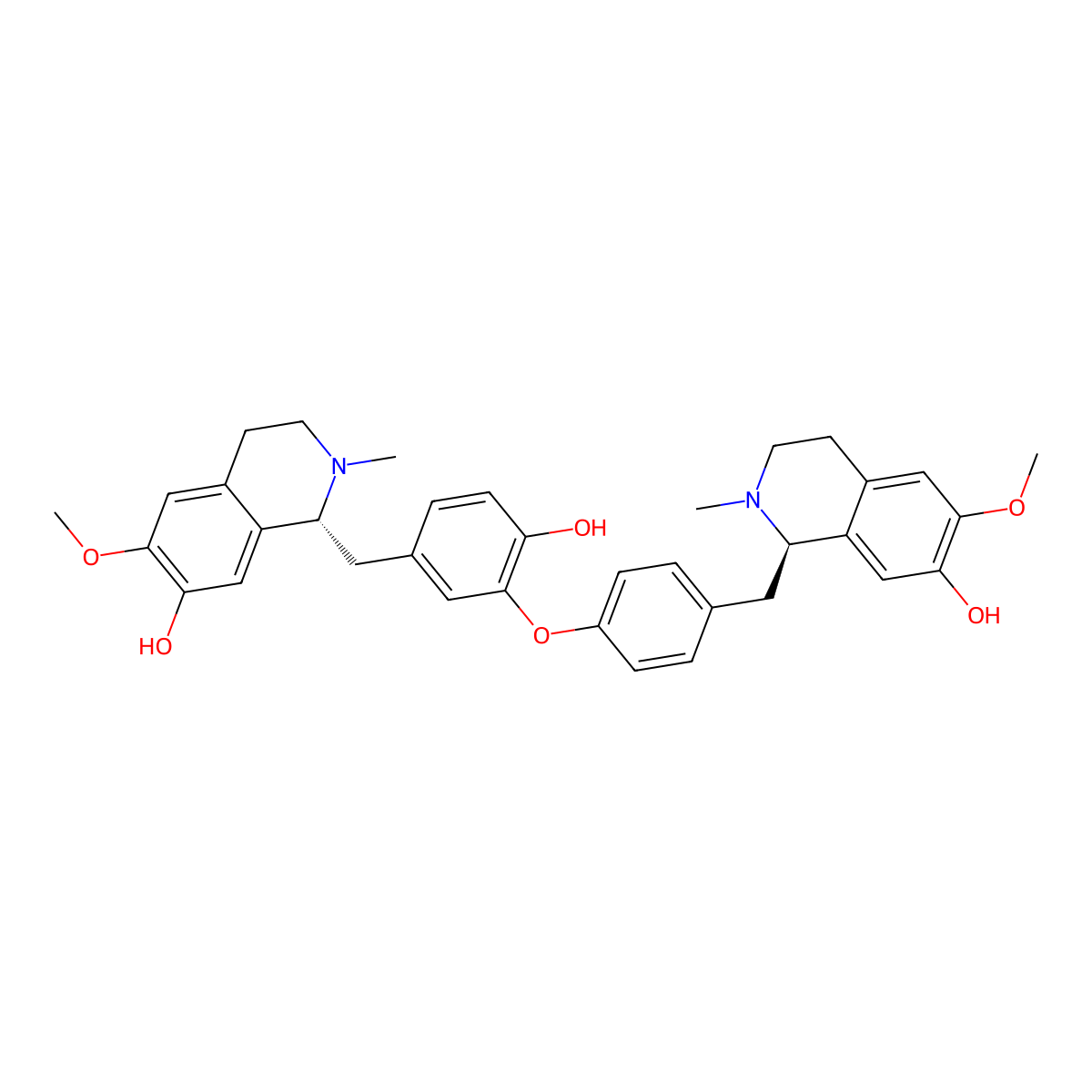 (1R)-1,2,3,4-Tetrahydro-1-((4-(2-hydroxy-5-(((1R)-1,2,3,4-tetrahydro-7-hydroxy-6-methoxy-2-methyl-1-isoquinolinyl)methyl)phenoxy)phenyl)methyl)-6-methoxy-2-methyl-7-isoquinolinol molecular structure, CAS 21446-35-5