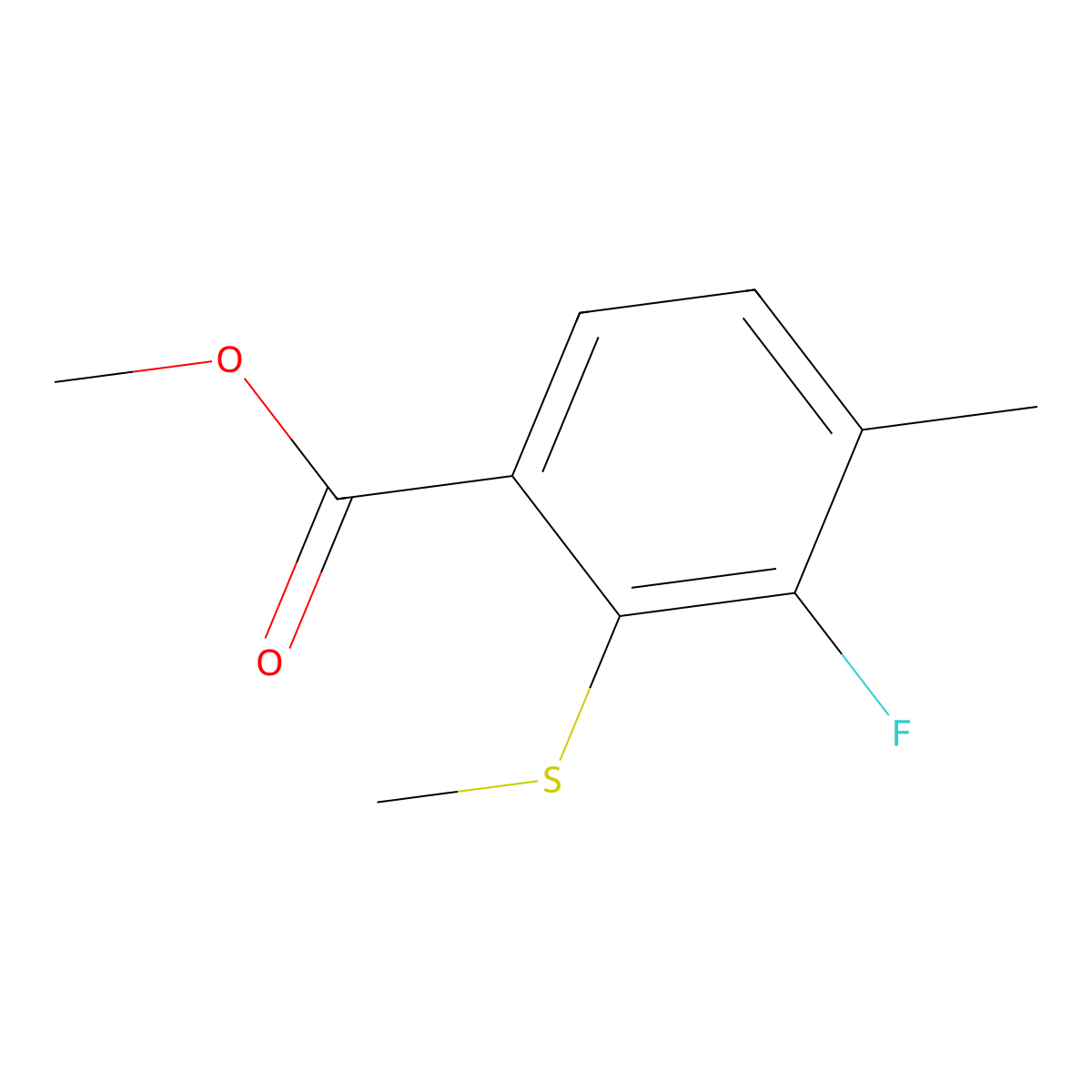 Methyl 3-fluoro-4-methyl-2-(methylsulfanyl)benzoate molecular structure, CAS 2145093-90-7