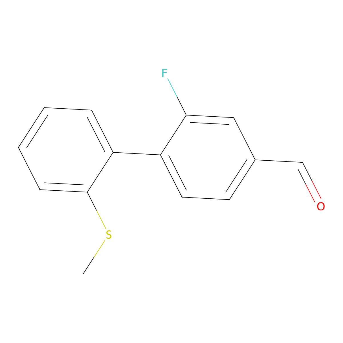 2-Fluoro-2'-(methylthio)[1,1'-biphenyl]-4-carboxaldehyde molecular structure, CAS 2146178-26-7
