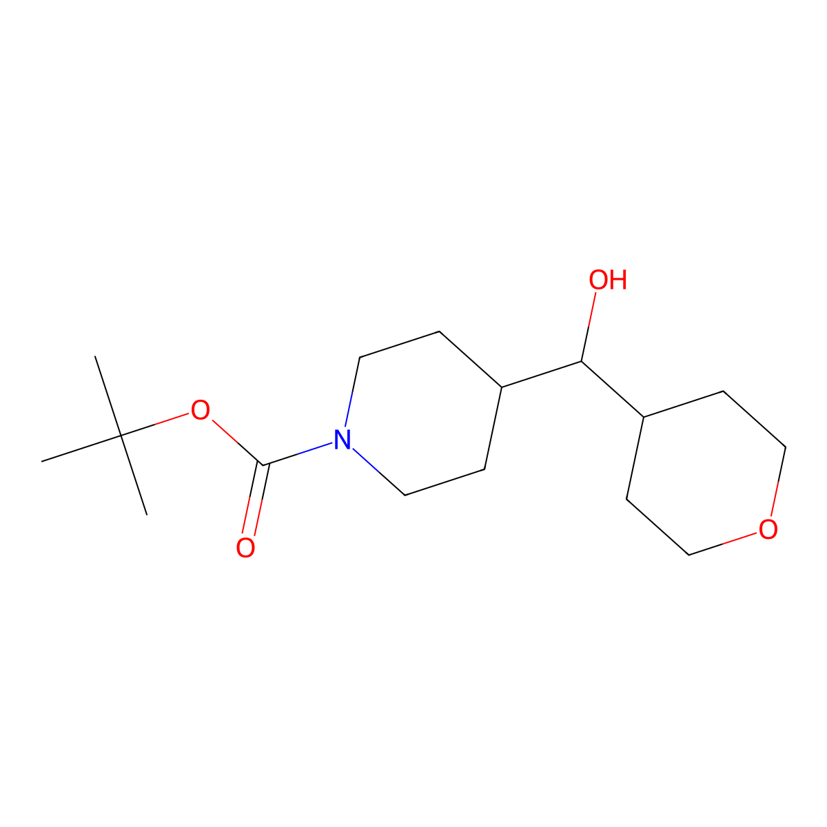 Tert-butyl 4-[hydroxy(oxan-4-yl)methyl]piperidine-1-carboxylate molecular structure, CAS 2147598-59-0