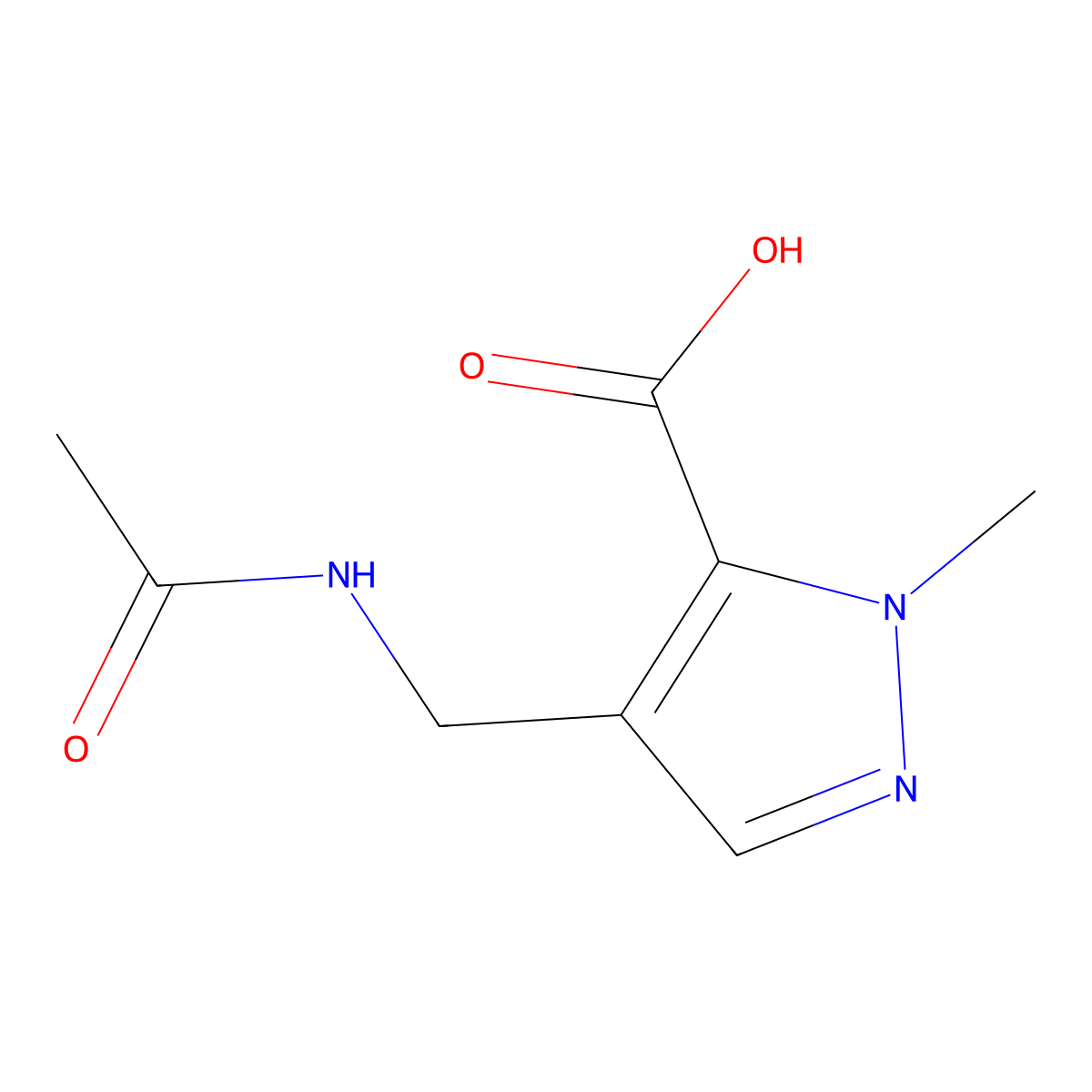 4-(acetamidomethyl)-1-methyl-1H-pyrazole-5-carboxylic acid molecular structure, CAS 2147914-11-0
