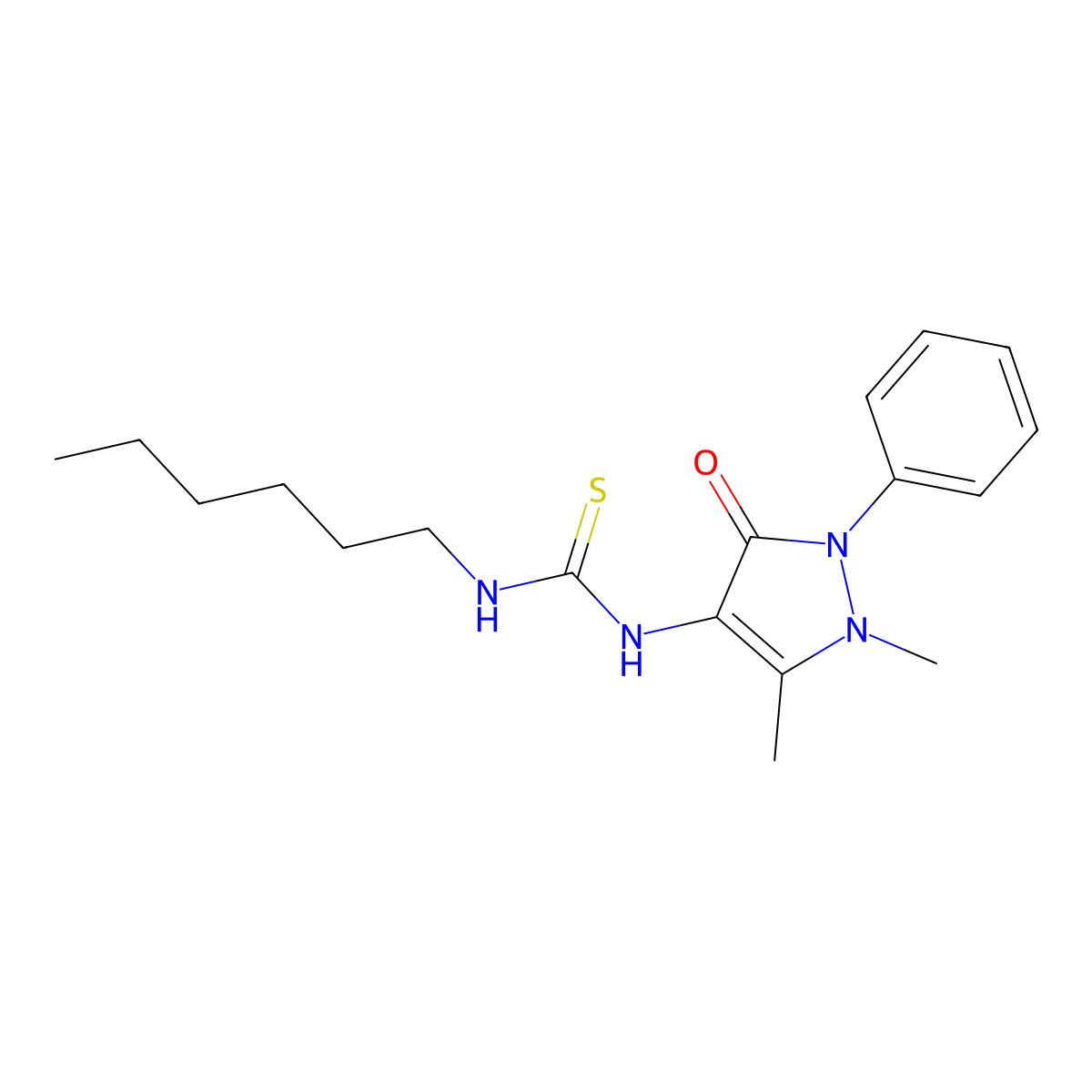 1-(1,5-dimethyl-3-oxo-2-phenyl-2,3-dihydro-1H-pyrazol-4-yl)-3-hexylthiourea molecular structure, CAS 21487-32-1