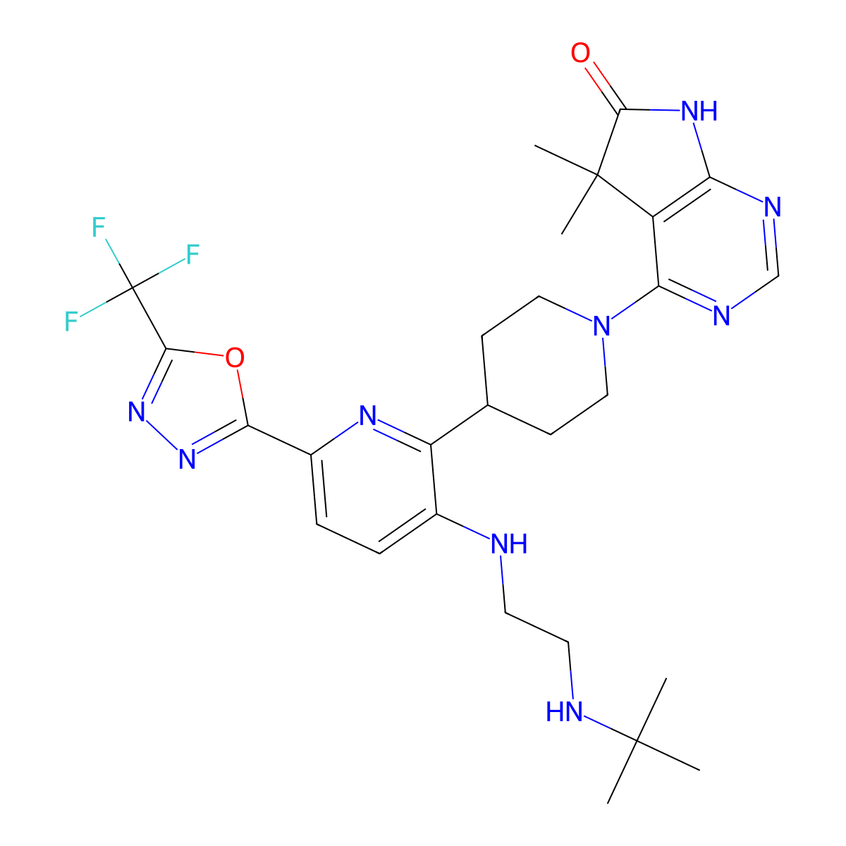 4-[4-[3-[2-(tert-butylamino)ethylamino]-6-[5-(trifluoromethyl)-1,3,4-oxadiazol-2-yl]-2-pyridinyl]piperidin-1-yl]-5,5-dimethyl-7H-pyrrolo[2,3-d]pyrimidin-6-one molecular structure, CAS 2148902-58-1