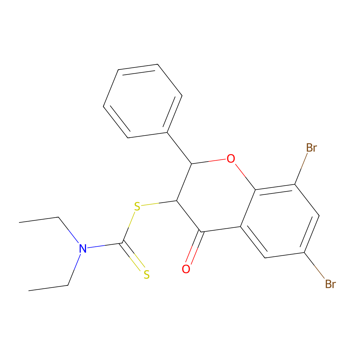 6,8-dibromo-4-oxo-2-phenyl-3,4-dihydro-2H-chromen-3-yl diethyldithiocarbamate molecular structure, CAS 214959-32-7