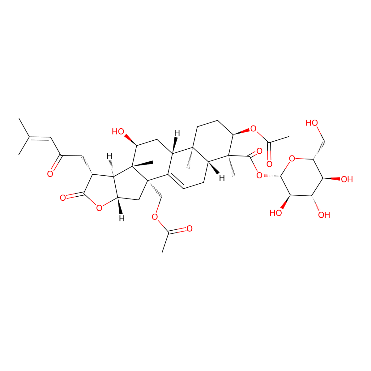 (2S,3R,4S,5S,6R)-3,4,5-trihydroxy-6-(hydroxymethyl)oxan-2-yl (2S,4S,7R,8S,9S,10S,12R,13R,16R,17S,18R)-16-(acetyloxy)-2-((acetyloxy)methyl)-10-hydroxy-9,13,17-trimethyl-7-(4-methyl-2-oxopent-3-en-1-yl)-6-oxo-5-oxapentacyclo(10.8.0.0^(2,9).0^(4,8).0^(13,18))icos-1(20)-ene-17-carboxylate molecular structure, CAS 215160-96-6
