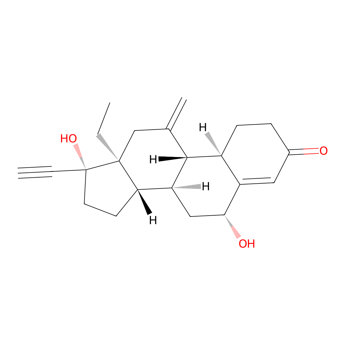 13-Ethyl-6Beta,17Beta-dihydroxy-11-methylene-18,19-dinor-17alpha-pregn-4-en-20-yn-3-one molecular structure, CAS 215252-94-1
