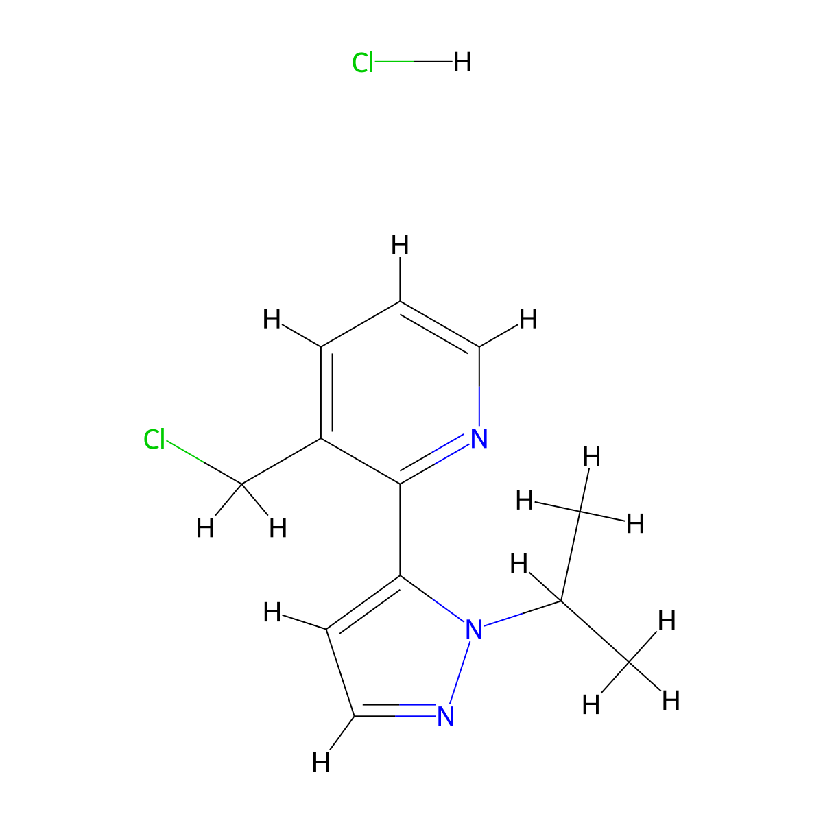 Pyridine, 3-(chloromethyl)-2-(1-(1-methylethyl)-1H-pyrazol-5-yl)-, hydrochloride (1:2) molecular structure, CAS 2152677-40-0