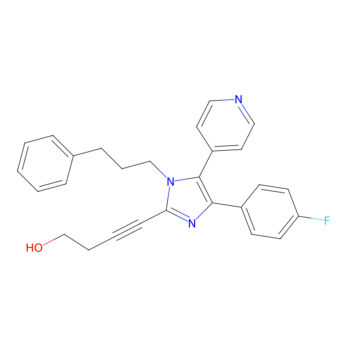 4-(4-(4-fluorophenyl)-1-(3-phenylpropyl)-5-(4-pyridinyl)-1H-imidazol-2-yl)-3-butyn-1-ol molecular structure, CAS 215303-72-3