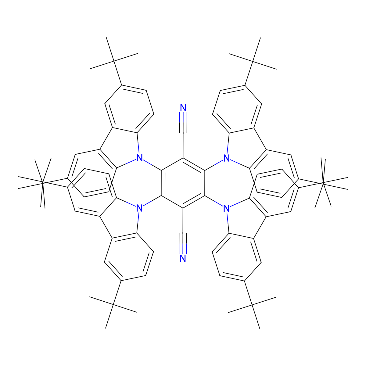 2,3,5,6-Tetrakis(3,6-di-tert-butyl-9H-carbazol-9-yl)terephthalonitrile , 4CzTPN-tBu molecular structure, CAS 2153433-46-4