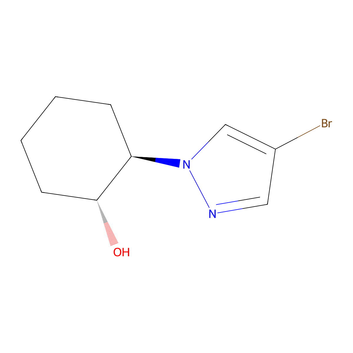 rac-(1R,2R)-2-(4-bromo-1H-pyrazol-1-yl)cyclohexan-1-ol molecular structure, CAS 215456-06-7