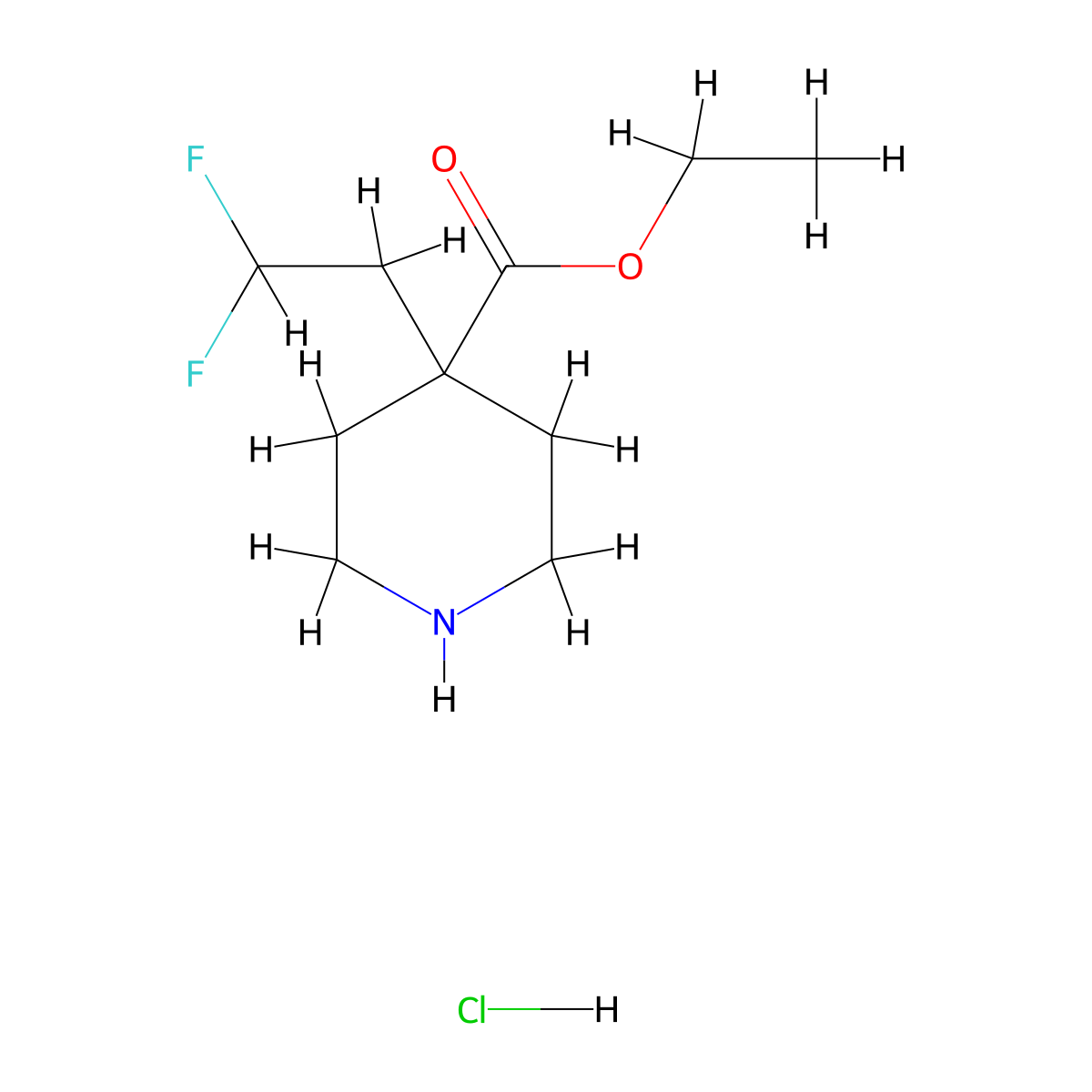 Ethyl 4-(2,2-difluoroethyl)piperidine-4-carboxylate hydrochloride molecular structure, CAS 2155852-82-5