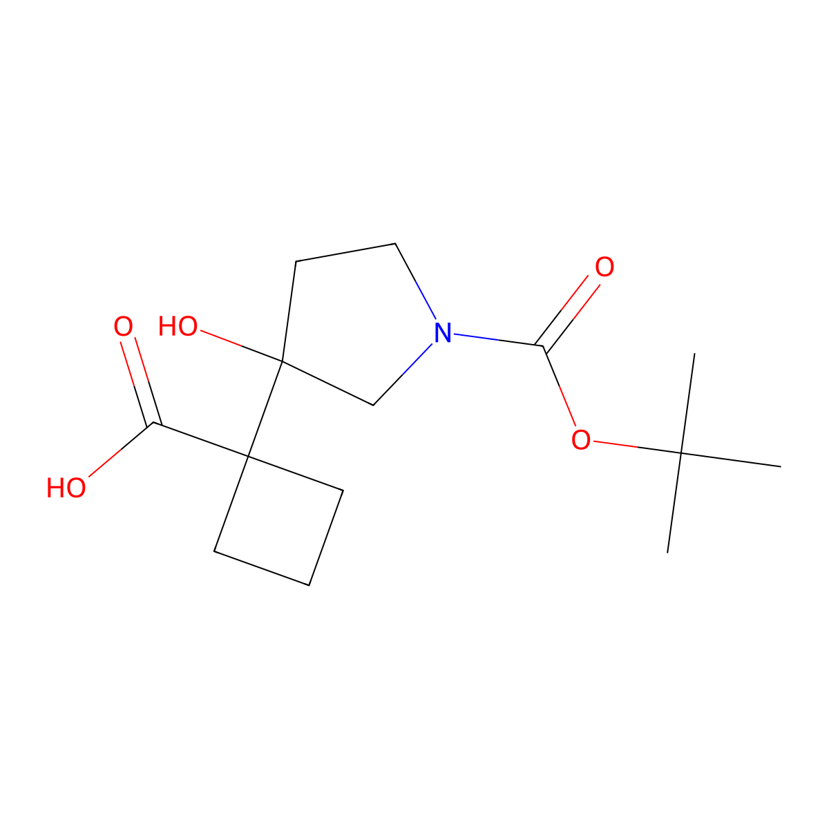 1-{1-[(Tert-butoxy)carbonyl]-3-hydroxypyrrolidin-3-yl}cyclobutane-1-carboxylic acid molecular structure, CAS 2155854-92-3