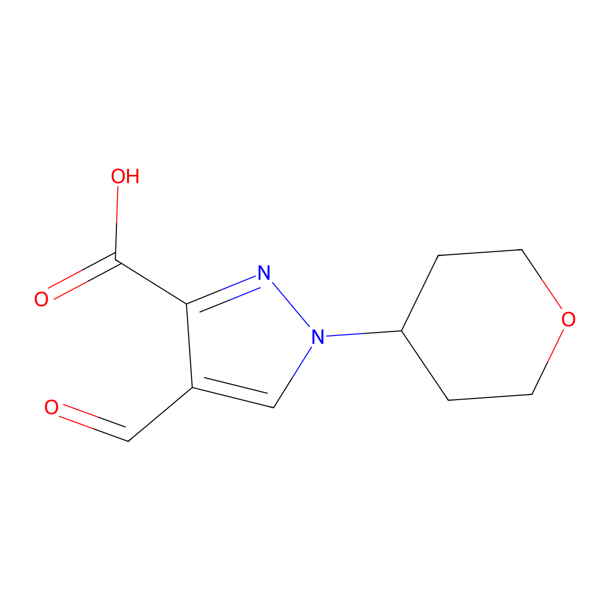 4-formyl-1-(oxan-4-yl)-1H-pyrazole-3-carboxylic acid molecular structure, CAS 2155855-14-2