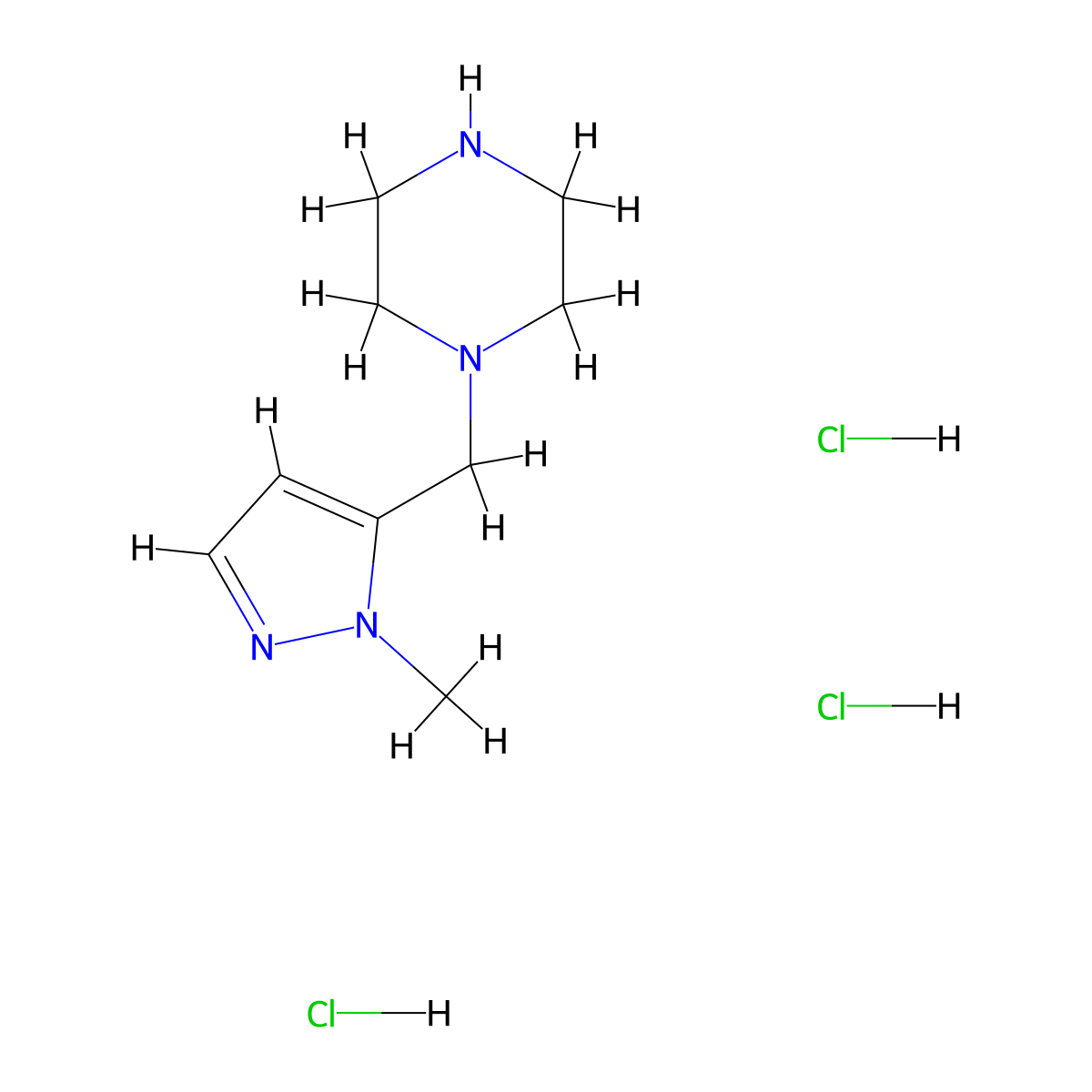 1-[(1-methyl-1H-pyrazol-5-yl)methyl]piperazine trihydrochloride molecular structure, CAS 2155855-46-0