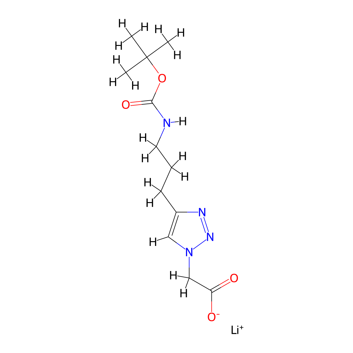 lithium(1+) ion 2-[4-(3-{[(tert-butoxy)carbonyl]amino}propyl)-1H-1,2,3-triazol-1-yl]acetate molecular structure, CAS 2155855-62-0