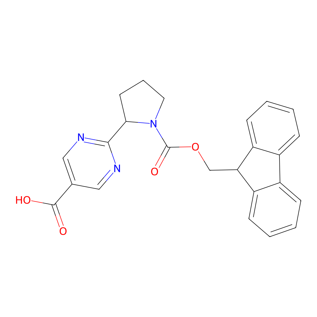 2-(1-(((9H-fluoren-9-yl)methoxy)carbonyl)pyrrolidin-2-yl)pyrimidine-5-carboxylic acid molecular structure, CAS 2155855-74-4