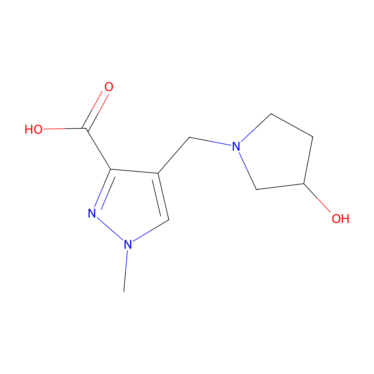 4-[(3-hydroxypyrrolidin-1-yl)methyl]-1-methyl-1H-pyrazole-3-carboxylic acid molecular structure, CAS 2155855-88-0