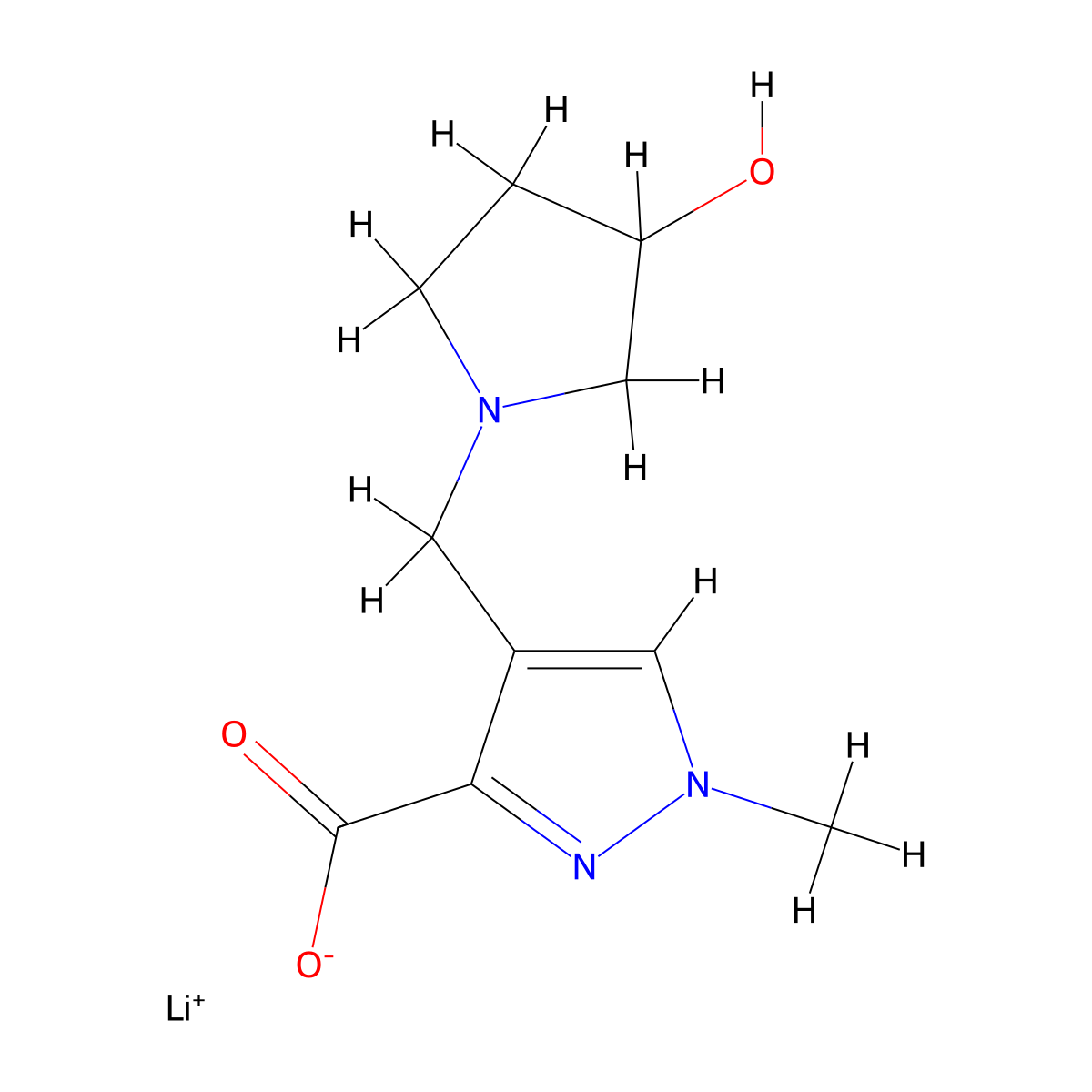 lithium(1+) 4-[(3-hydroxypyrrolidin-1-yl)methyl]-1-methyl-1H-pyrazole-3-carboxylate molecular structure, CAS 2155855-89-1