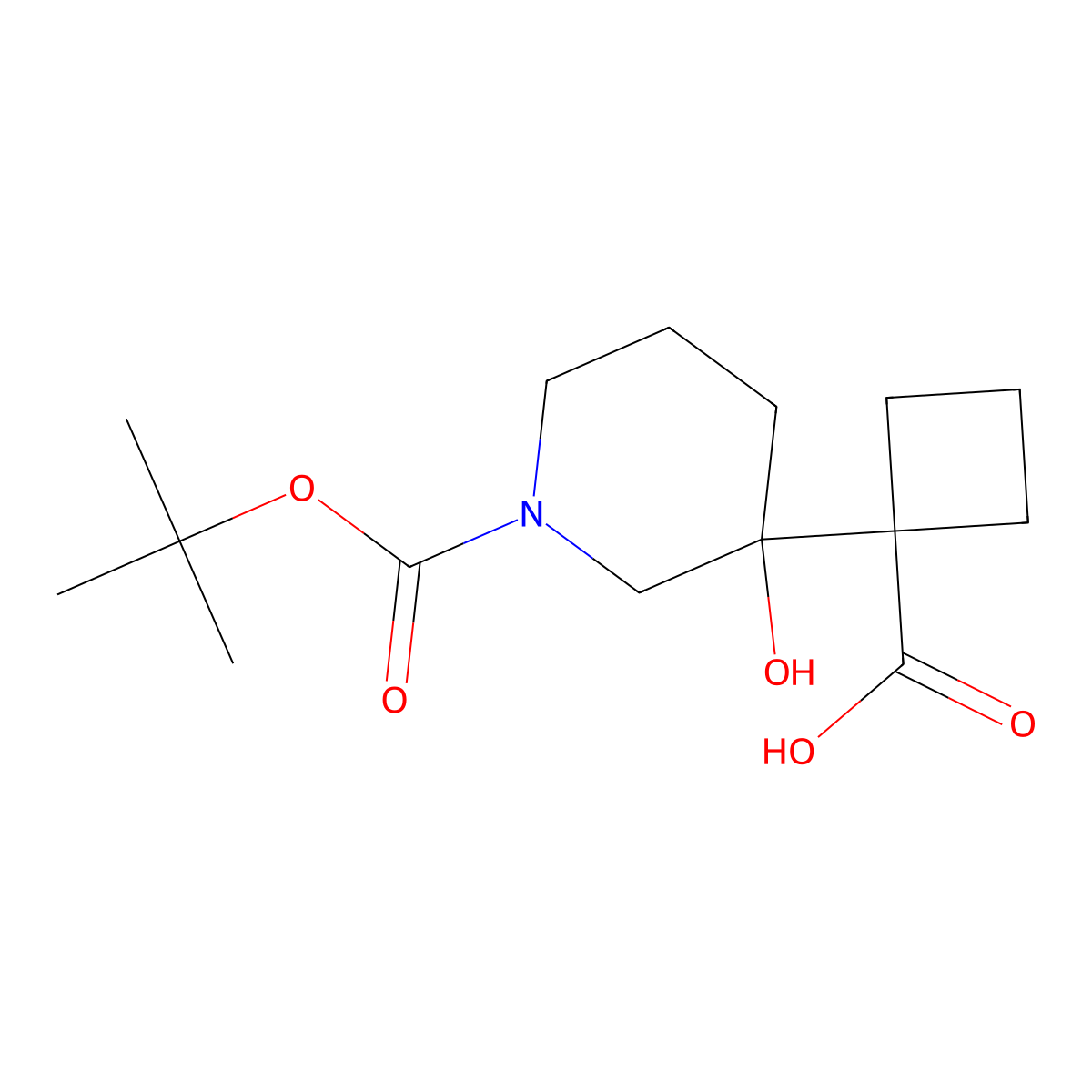 1-(1-((Tert-butoxy)carbonyl)-3-hydroxypiperidin-3-yl)cyclobutane-1-carboxylic acid molecular structure, CAS 2155855-90-4