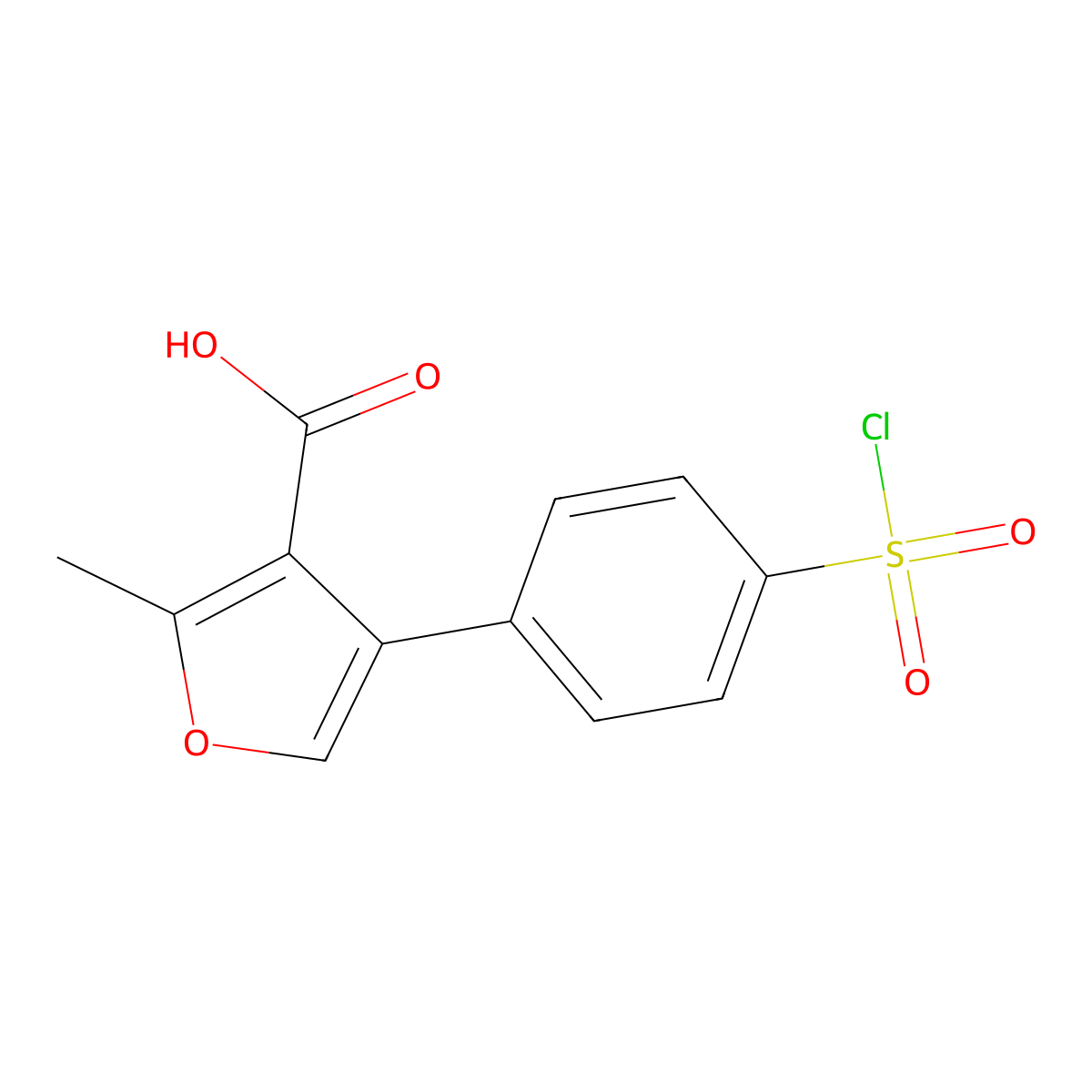 4-[4-(Chlorosulfonyl)phenyl]-2-methylfuran-3-carboxylic acid molecular structure, CAS 2155855-97-1