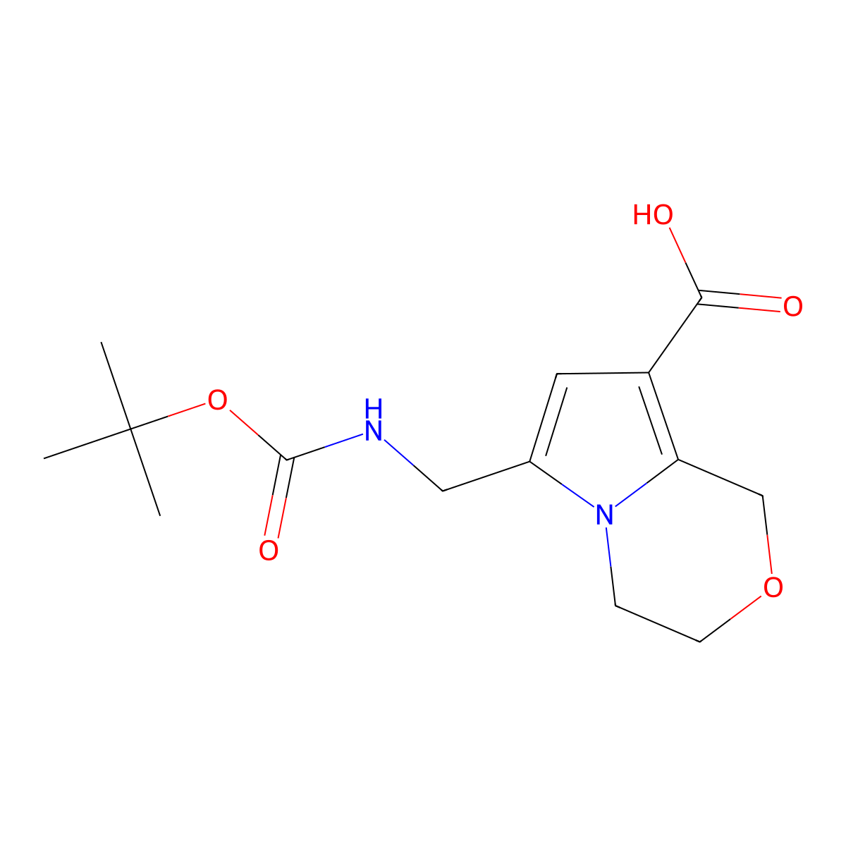 6-({[(tert-butoxy)carbonyl]amino}methyl)-1H,3H,4H-pyrrolo[2,1-c][1,4]oxazine-8-carboxylic acid molecular structure, CAS 2155855-98-2