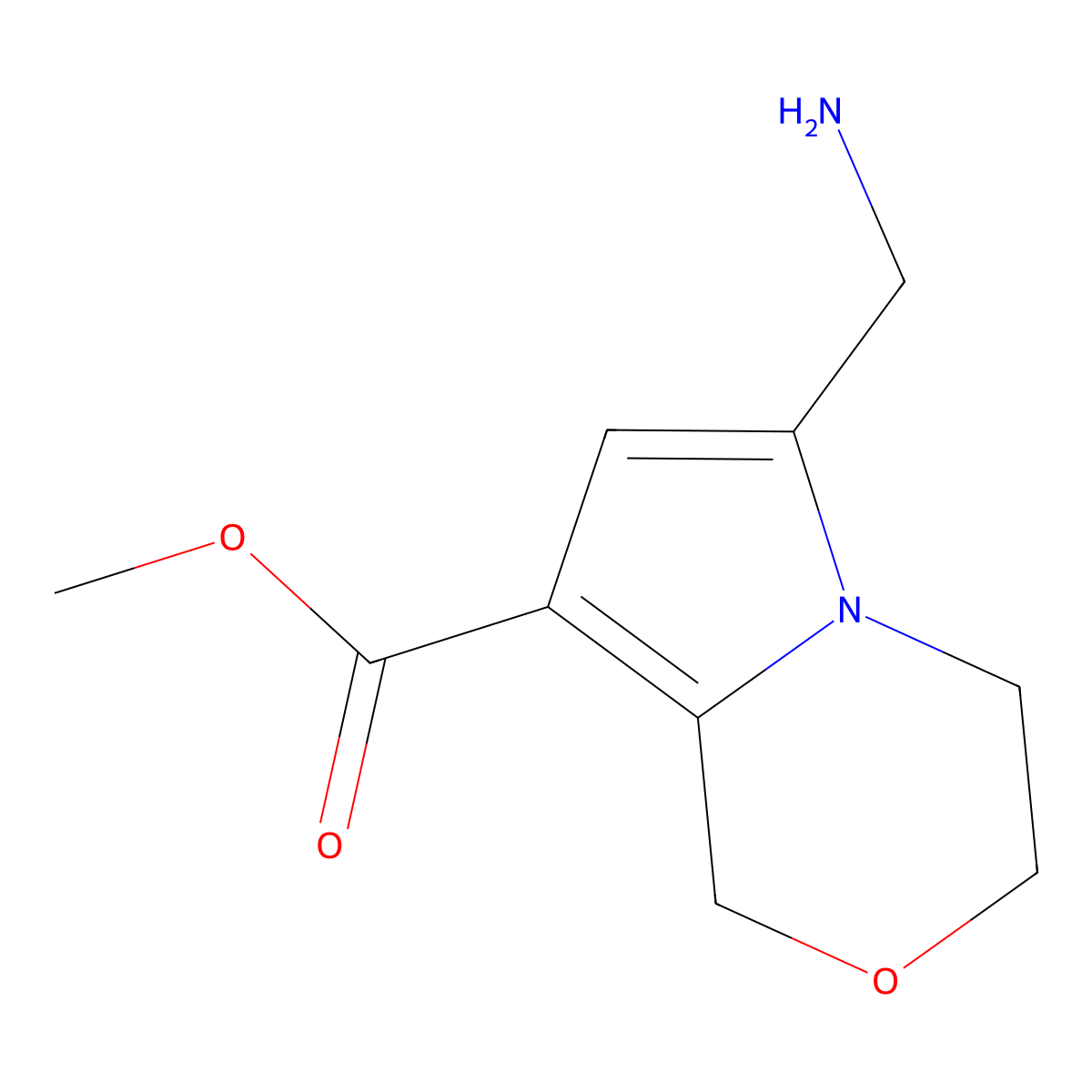 methyl 6-(aminomethyl)-1H,3H,4H-pyrrolo[2,1-c][1,4]oxazine-8-carboxylate molecular structure, CAS 2155856-18-9