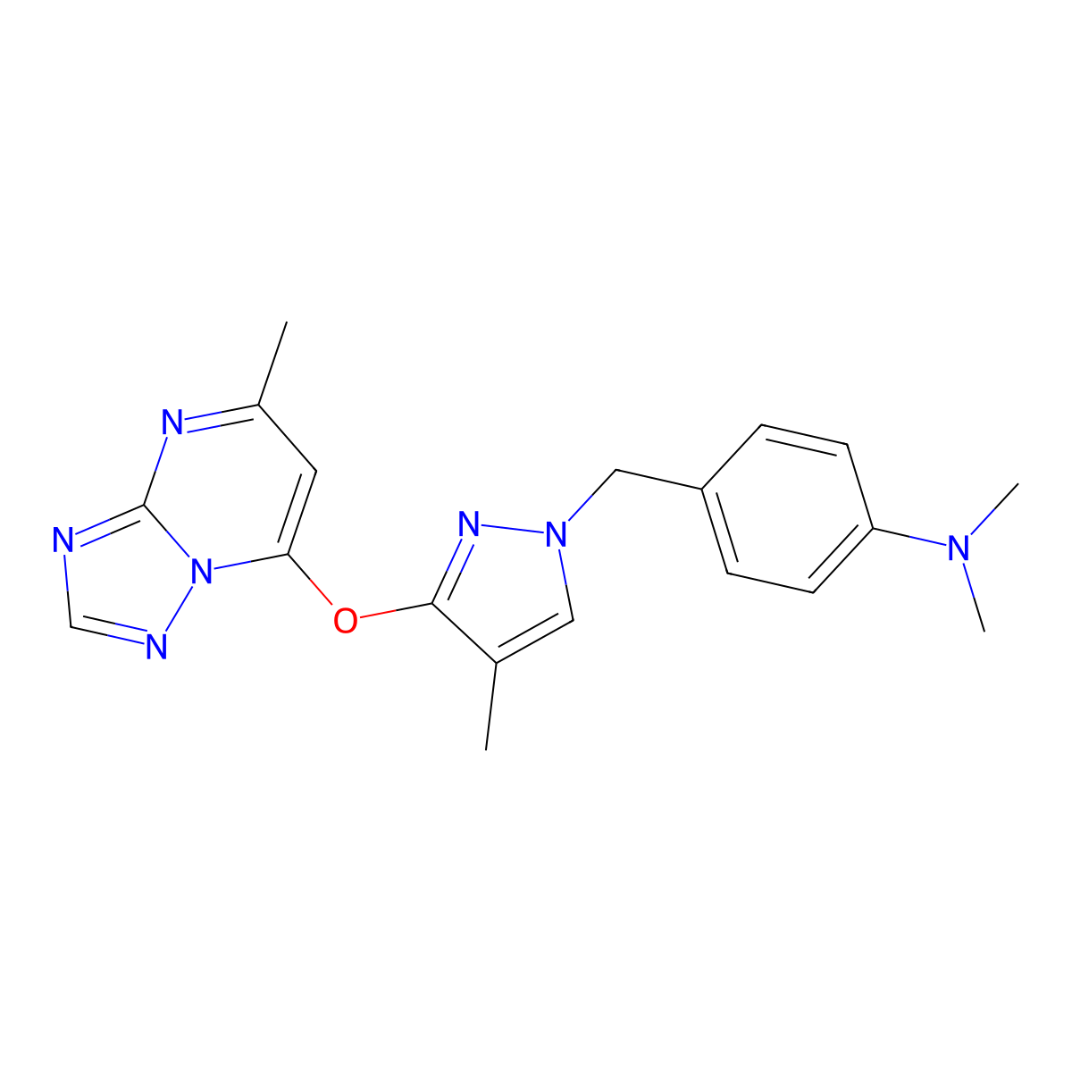 N,N-dimethyl-4-{[4-methyl-3-({5-methyl-[1,2,4]triazolo[1,5-a]pyrimidin-7-yl}oxy)-1H-pyrazol-1-yl]methyl}aniline molecular structure, CAS 2157442-75-4
