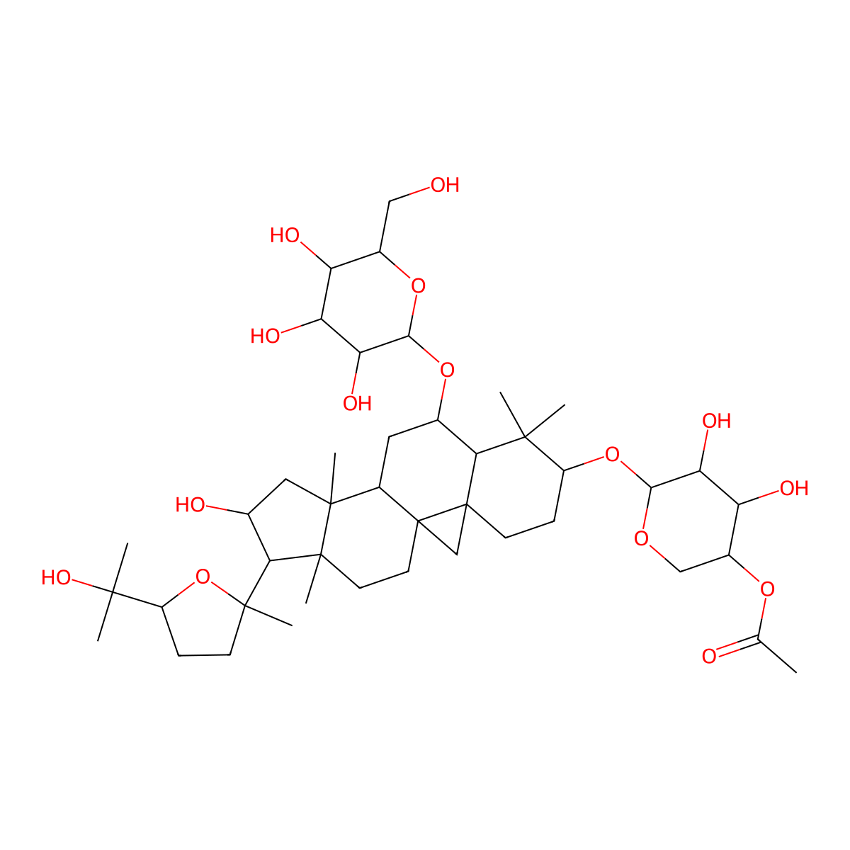 [4,5-Dihydroxy-6-[[14-hydroxy-15-[5-(2-hydroxypropan-2-yl)-2-methyloxolan-2-yl]-7,7,12,16-tetramethyl-9-[3,4,5-trihydroxy-6-(hydroxymethyl)oxan-2-yl]oxy-6-pentacyclo[9.7.0.01,3.03,8.012,16]octadecanyl]oxy]oxan-3-yl] acetate molecular structure, CAS 215776-78-6
