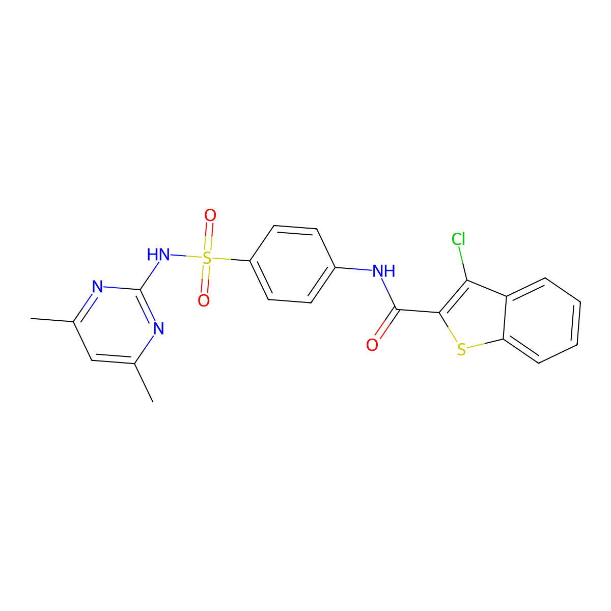 3-chloro-N-(4-(N-(4,6-dimethylpyrimidin-2-yl)sulfamoyl)phenyl)benzo[b]thiophene-2-carboxamide molecular structure, CAS 215778-05-5