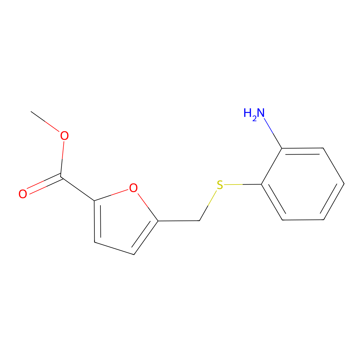 5-(2-Amino-phenylsulfanylmethyl)-furan-2-carboxylic acid methyl ester molecular structure, CAS 215779-54-7