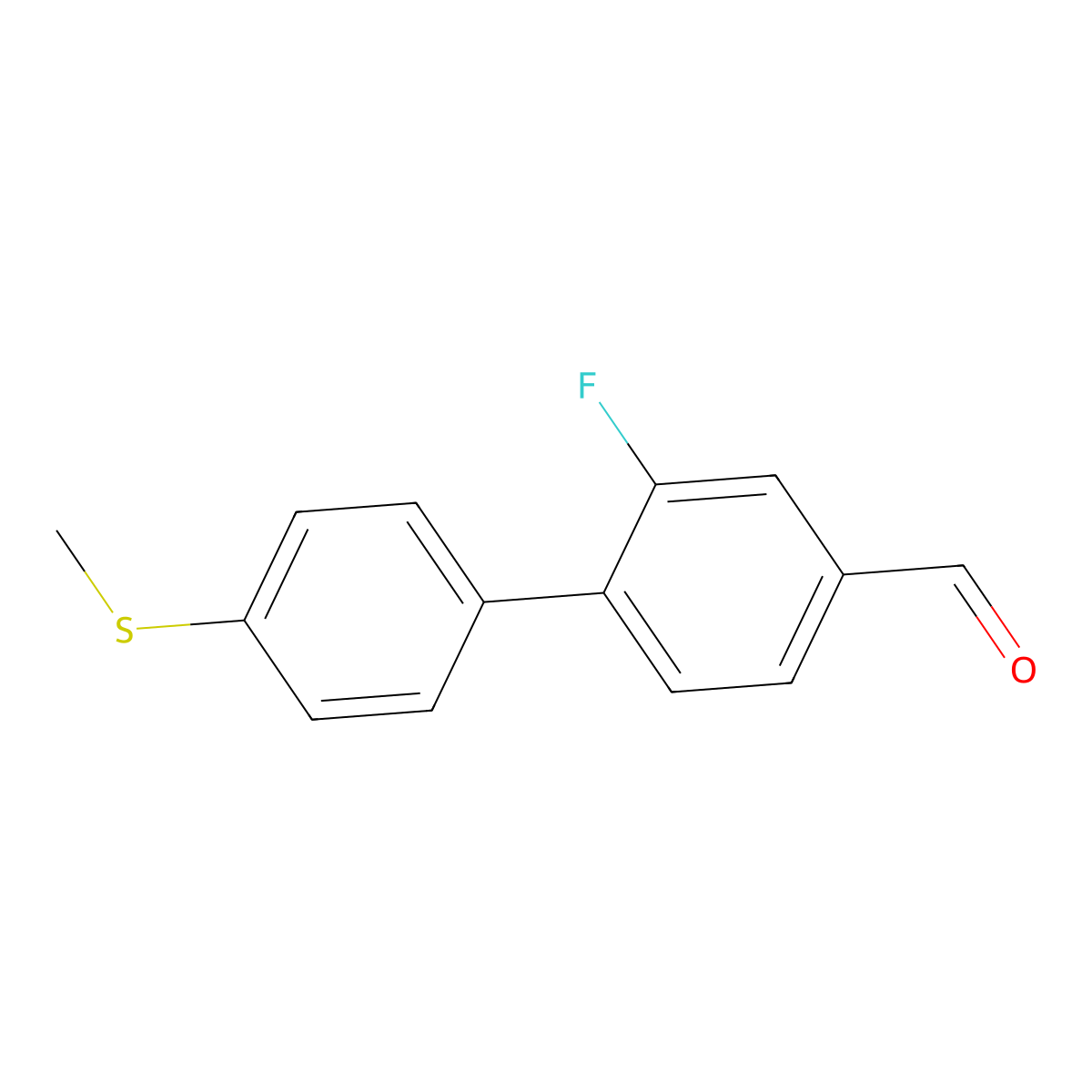 2-Fluoro-4'-(methylthio)[1,1'-biphenyl]-4-carboxaldehyde molecular structure, CAS 2158065-38-2