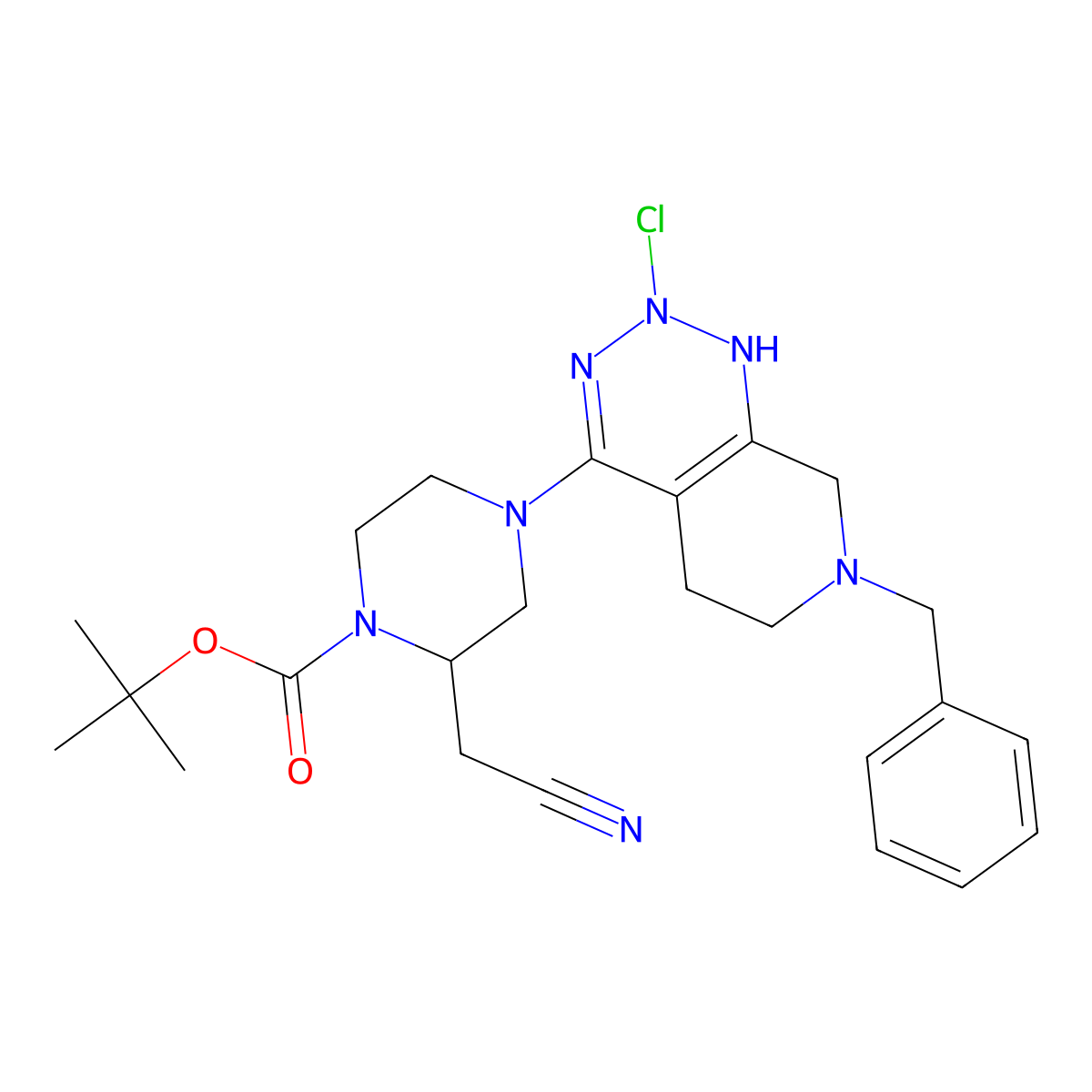 Tert-butyl 4-(7-benzyl-2-chloro-1,2,5,6,7,8-hexahydropyrido[3,4-d][1,2,3]triazin-4-yl)-2-(cyanomethyl)piperazine-1-carboxylate molecular structure, CAS 2158300-13-9