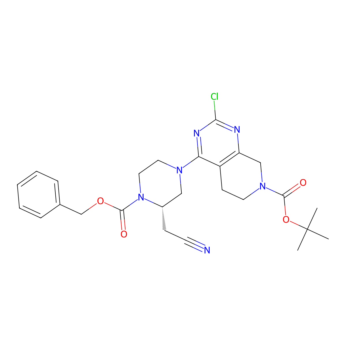 Tert-butyl (S)-4-(4-((benzyloxy)carbonyl)-3-(cyanomethyl)piperazin-1-YL)-2-chloro-5,8-dihydropyrido[3,4-D]pyrimidine-7(6H)-carboxylate molecular structure, CAS 2158302-03-3