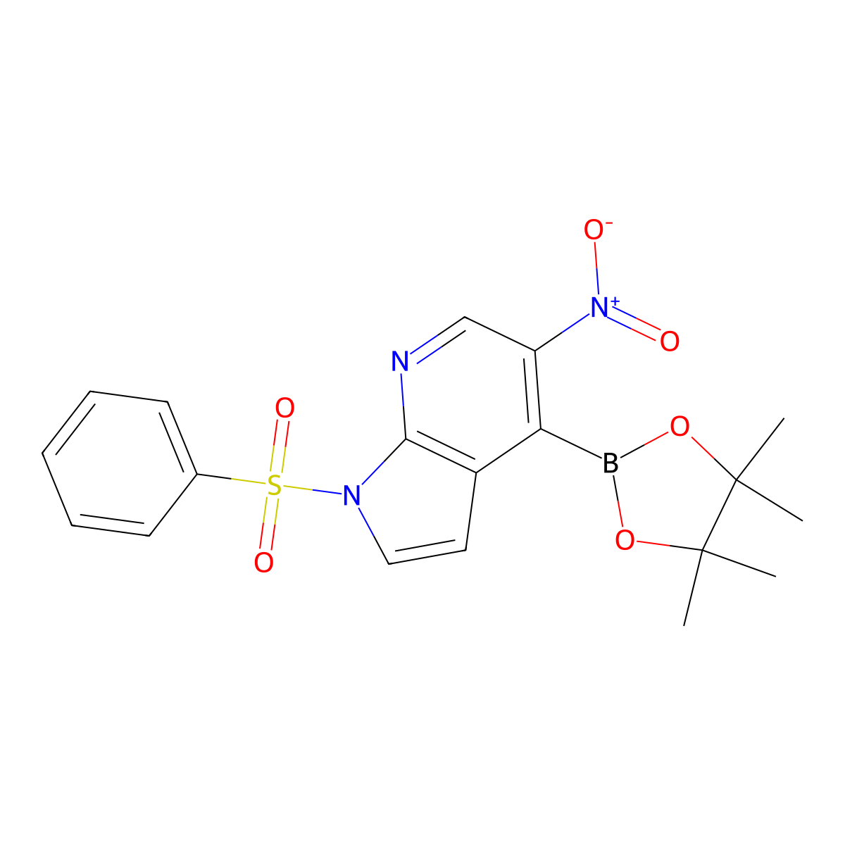 1-(benzenesulfonyl)-5-nitro-4-(tetramethyl-1,3,2-dioxaborolan-2-yl)-1H-pyrrolo[2,3-b]pyridine molecular structure, CAS 2161305-04-8