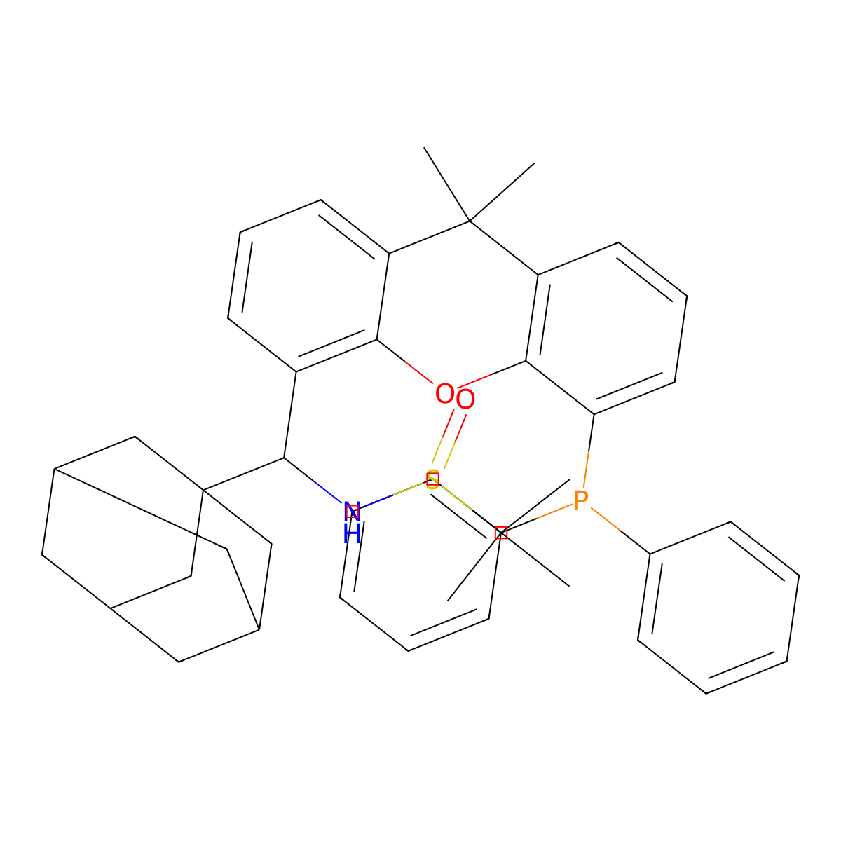 (R)-N-((R)-Adamantan-1-yl(5-(diphenylphosphanyl)-9,9-dimethyl-9H-xanthen-4-yl)methyl)-2-methylpropane-2-sulfinamide molecular structure, CAS 2162939-91-3